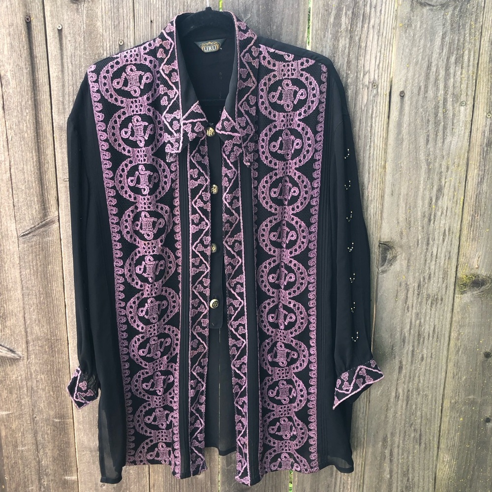 Vintage Lace Embroidered Sheer Beaded Long Sleeves Black Purple Blouse size XL